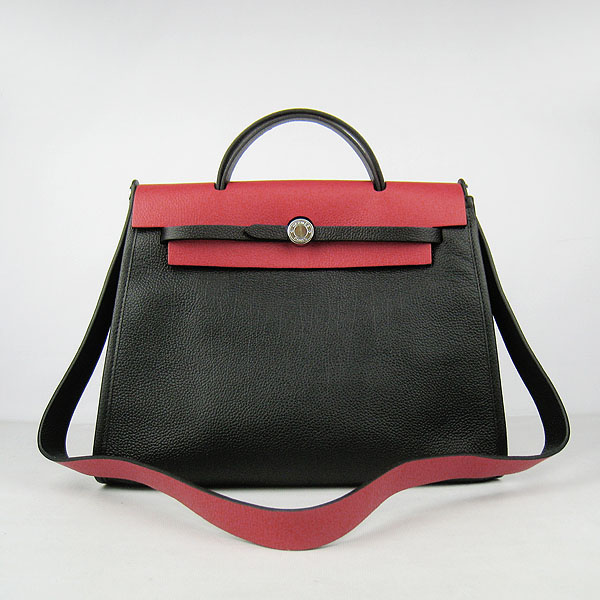 7A Replica Hermes Black/Red Kelly 32cm Togo Leather Bag 60667